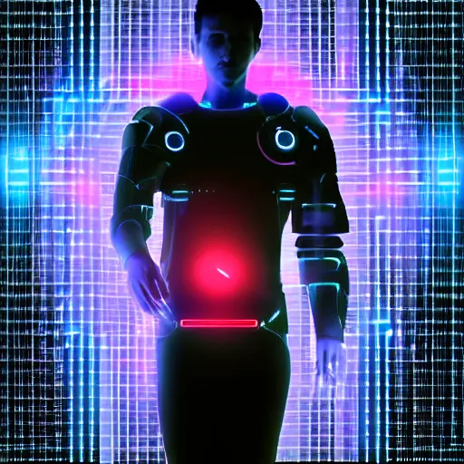 Prompt: cool futuristic ai profile picture lasers robots blade runner technology hologram