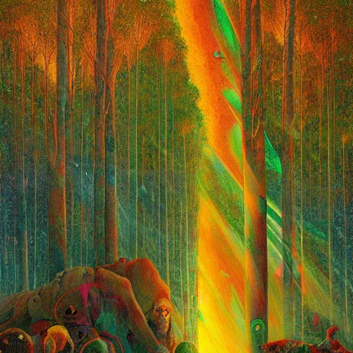 Prompt: psychedelic amber eyes lush pine forest, outer space, milky way, designed by arnold bocklin, jules bastien - lepage, tarsila do amaral, wayne barlowe and gustave baumann, cheval michael, trending on artstation, star, sharp focus, colorful refracted sparkles and lines, soft light, 8 k 4 k