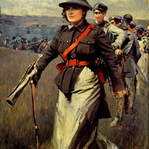 Prompt: action heroine leading a ww 1 army, by alfred stevens