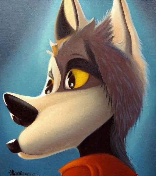 Image similar to oil painting of anthromorphic furry female wolf, in style of zootopia, female fursona, furry, furaffinity, 4 k, deviantart, furry art, fursona art, wearing black business suit, business suit, wolf fursona, expressive feminine face, female,