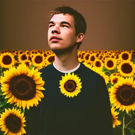 Image similar to cottagecore - realistic portrait of rex orange county, sunflower, dynamic lighting, indie aesthetic