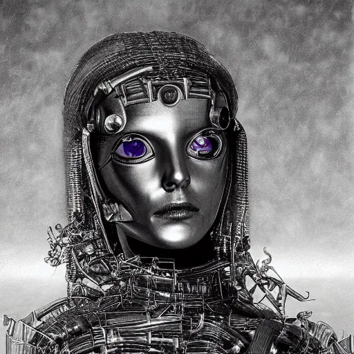 Image similar to 3 d chromium and graphite render of a cyborg machina - nymphette, portrait by tony diterlizzi and h. r giger, ilford hp 5, 5 5 mm, hyper realistic, hyper - mechanistic by artgerm, gustav dore, steve belledin, gothcore, disturbia, joseph christian leyendecker