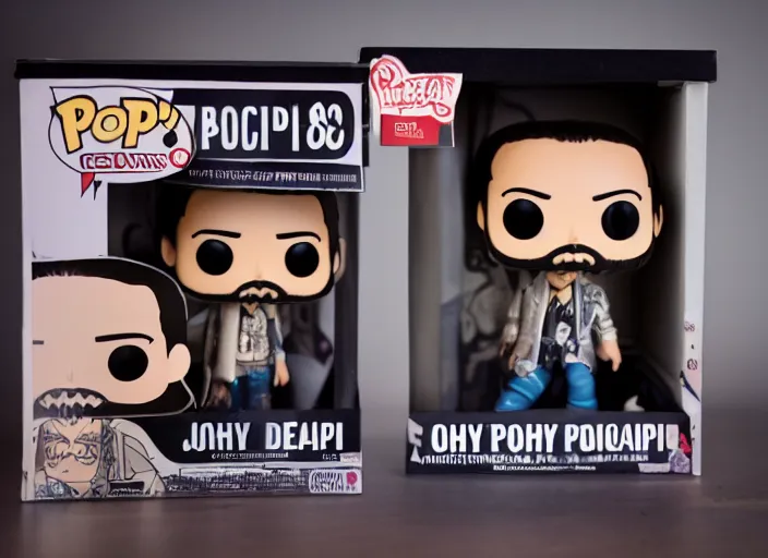 Image similar to product still of Johnny Depp funko pop with box, 85mm f1.8