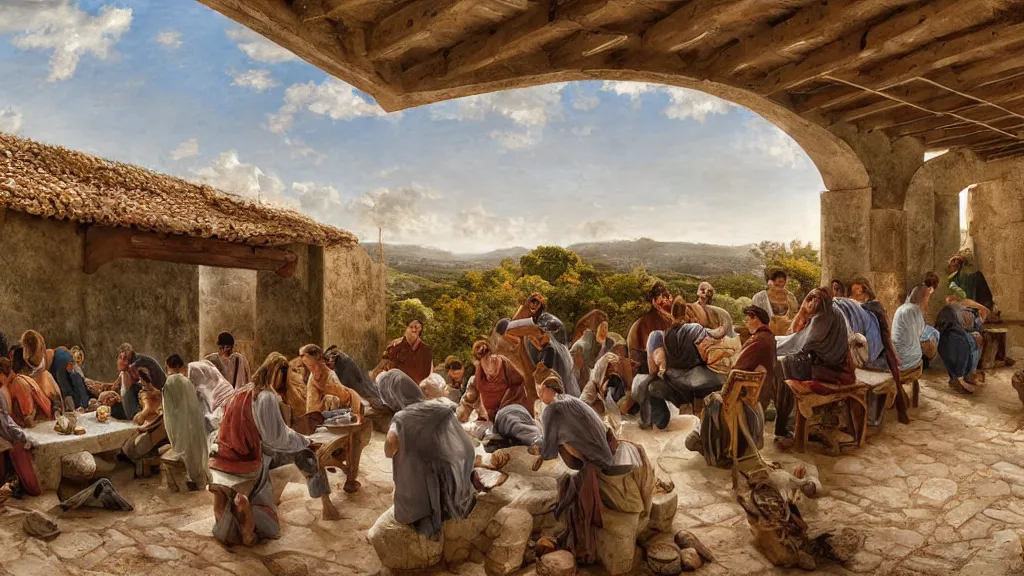 Image similar to soccer players seating in the scene of the last supper, under the porch of a typical portuguese house, with typical alentejo landscape in the back, sunny morning, matte painting, oil canvas, photorealistic illustration, extreme detail, hyper realistic, highly detailed, digital art