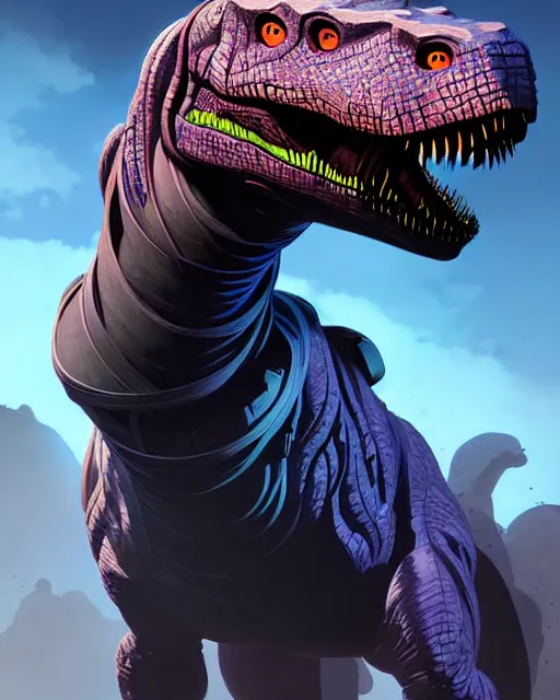 Prompt: trex as an apex legends character digital illustration portrait design by, wayne barlowe detailed, gorgeous lighting, wide angle action dynamic portrait