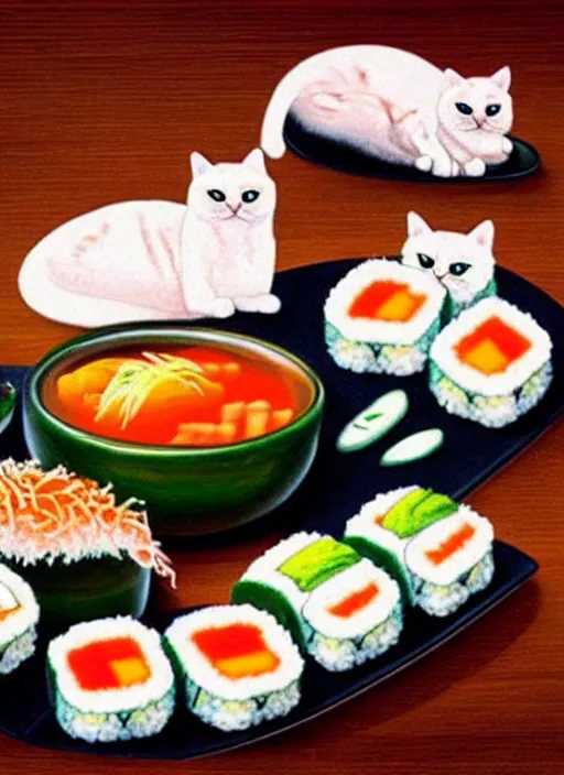 Image similar to clear photorealistic picture of adorable cats made out of sushi