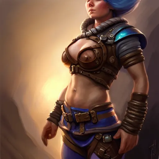 Image similar to muscular female gnome engineer artificer, chunky gauntlets, short dark hair, naval landscape, full body portrait, d & d, fantasy, intricate, elegant, highly detailed, digital painting, artstation, centred, rule of thirds, concept art, matte, sharp focus, illustration, cover by artgerm, art by greg rutkowski