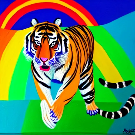 Prompt: painting of tiger running on rainbow