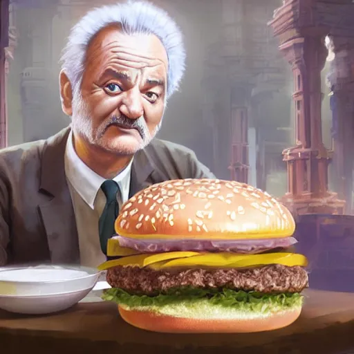 Prompt: a highly detailed epic cinematic concept art CG render digital painting artwork costume design: Bill Murray as a 1930s Milkman eating a giant Big Mac Hamburger, voluptuous sesame seed bun, extra ketchup and pickles and onions . By Greg Rutkowski, Ilya Kuvshinov, WLOP, Stanley Artgerm Lau, Ruan Jia and Fenghua Zhong, trending on ArtStation, made in Maya and Photoshop, octane render, excellent composition, cinematic atmosphere, dynamic dramatic cinematic lighting, aesthetic, very inspirational, arthouse