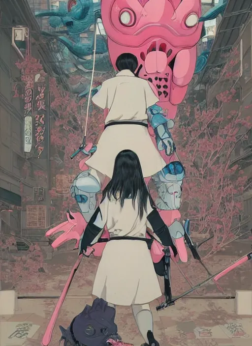 Prompt: Artwork by James Jean, Phil noto and hiyao Miyazaki ; (1) a young Japanese future samurai police lady named Yoshimi battles an (1) enormous evil natured carnivorous pink robot on the streets of Tokyo; Japanese shops and neon signage; crowds of people running; Art work by hiyao Miyazaki, Phil noto and James Jean