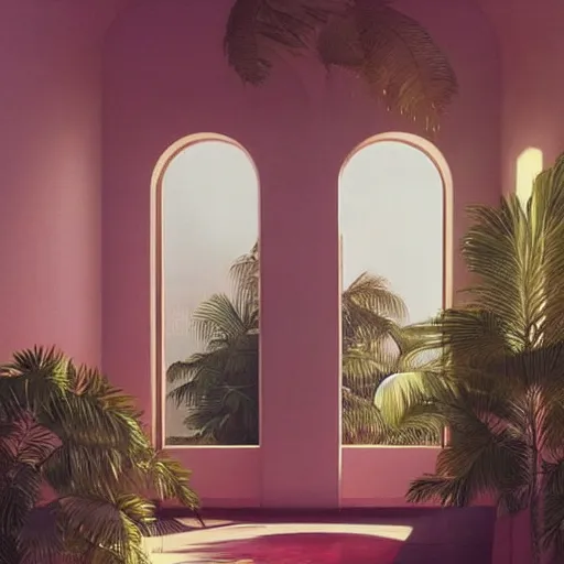 Image similar to indoor space, golden light, greg rutkowski, palm trees, pink door, minimalistic, hyperrealistic surrealism, award winning masterpiece with incredible details, epic stunning, infinity pool mirrors, a surreal vaporwave miami vice space, highly detailed, trending on artstation, artgerm and greg rutkowski and alphonse mucha, daily deviation