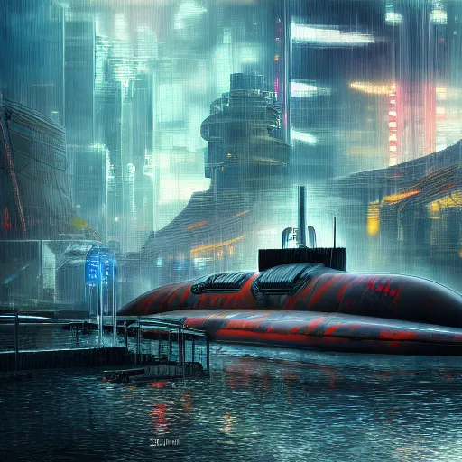 Prompt: cyberpunk submarine near a dock, digital art, painterly style, epic composition, hd, 4 k, professional, intricate detail