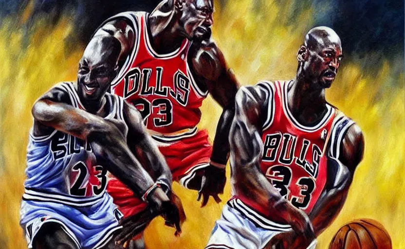 Prompt: beautiful painting of Michael Jordan!!!! playing basketball, NBA Finals, oil painting, masterpiece, highly detailed and ultra realistic, trending on artstation