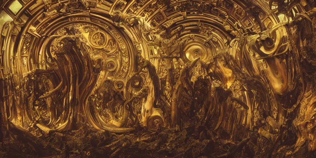 Image similar to ancient monument made of ribs and spines and teeth, gold ram horns, copper goat skulls, grand imposing powerful sculpture. swirls of mist. ominous clouds, intense light beams, lens flare. occult photorealism, uhd, amazing depth, volumetric lighting, cinematic lighting. epic landscape. alphonse mucha.