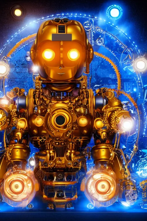 Prompt: portrait photo of a giant huge golden and blue metal humanoid steampunk robot with a huge camera, with gears and tubes, eyes are glowing red lightbulbs, shiny crisp finish, 3 d render, 8 k, insaneley detailed, fluorescent colors, background is multicolored lasershow