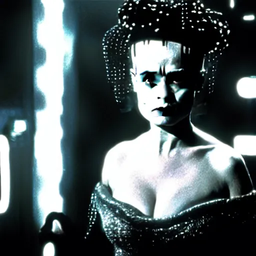 Image similar to cinematic portrait of surprised helena bonham carter as bride of frankenstein as a replicant in a busy nightclub,, still from the movie bladerunner, fashion photography, a sign is in the background, 8 k, high detail, face in focus