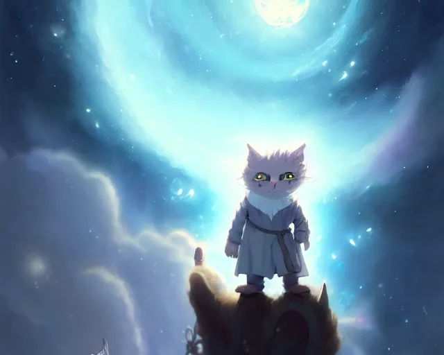 Image similar to one cartoonish kitty dressed as Gandalf floating alone in space, bright stars, anime, a fantasy digital painting by Greg Rutkowski and James Gurney, trending on Artstation, highly detailed