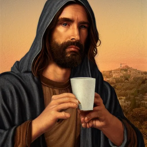 Prompt: a detailed full body tarot card of a ridiculously good looking hipster jesus with long braided and curly hair, elegant ancient greek dress with a hoodie, coast as the background, drinking espresso at a cafe in jerusalem, wearing a jean jacket and a beenie, waxed beard, very detailed, beautiful, intricate, art by greg rutkowski and rembrandt, octane render