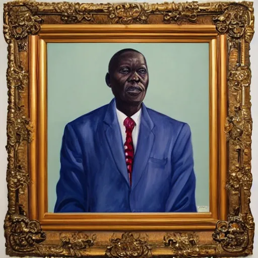 Image similar to a painting of a round face, XXL , fatherly, loving, caring, generous, ever-present, humble, wise elder from Kenya in a suit by Kehinde Wiley . Fatherly/daddy, focused, loving, leader, relaxed,. ethereal lights, details, smooth, sharp focus, illustration, realistic, cinematic, artstation, award winning, rgb , unreal engine, octane render, cinematic light, macro, depth of field, blur, red light and clouds from the back, highly detailed epic cinematic concept art CG render made in Maya, Blender and Photoshop, octane render, excellent composition, dynamic dramatic cinematic lighting, aesthetic, very inspirational, arthouse.