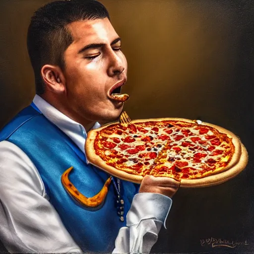 Prompt: A highly detailed portrait of a charro eating pizza, dramatic lighting