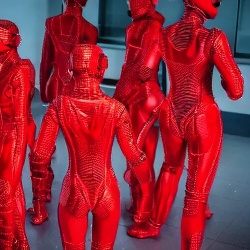 Prompt: love, diverse red cybersuits, from behind, connection rituals, wide wide angle, vivid, elaborate, highly detailed, beautiful lighting