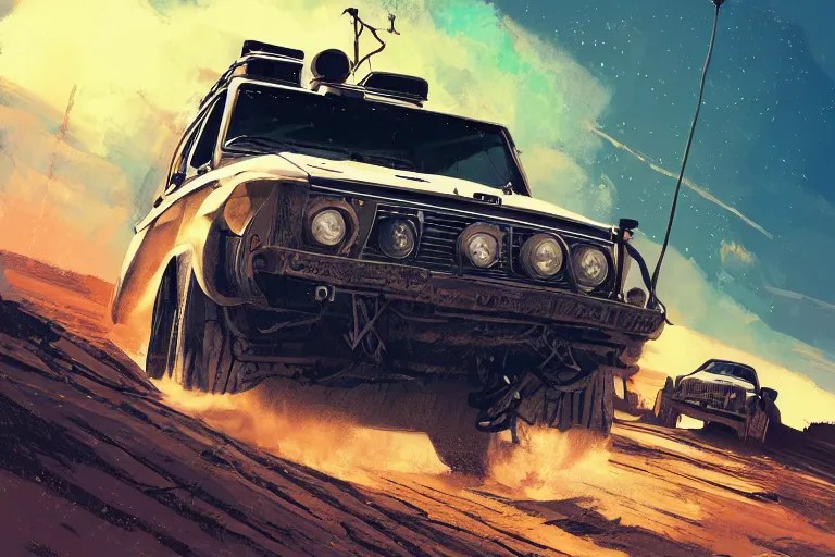 Prompt: digital illustration of mad max's land cruiser pursuit special, the last v 8 interceptor by makoto shinkai, ilya kuvshinov, lois van baarle, rossdraws, basquiat