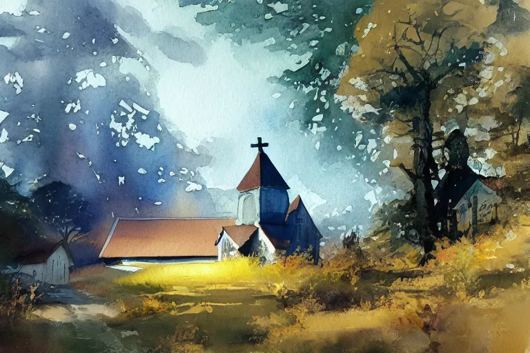 Prompt: small centered on watercolor paper, paint brush strokes, abstract watercolor painting of traditional scandinavian wooden church, medieval chapel, translucent leaves, cinematic light, national romanticism by hans dahl, by jesper ejsing, by anders zorn, by greg rutkowski, by greg manchess, by tyler edlin