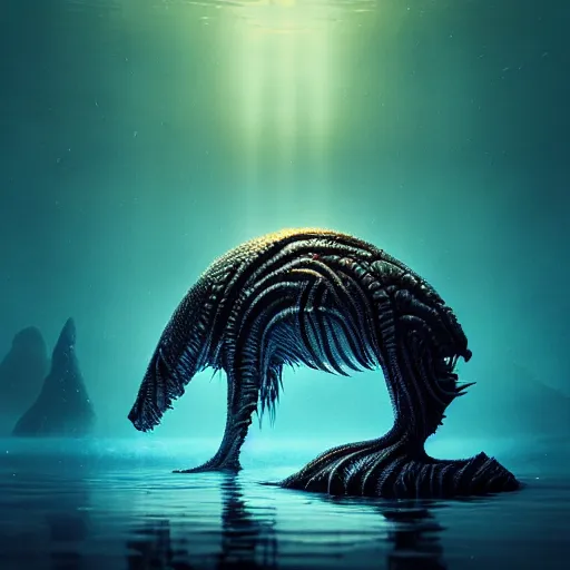 Prompt: creature in a alaska, water reflection, backlit, warm tones, bioluminescent bioluminescent translucent translucent : : by michal karcz, daniel merriam, victo ngai and guillermo del toro : : ornate, dynamic, particulate, intricate, elegant, highly detailed, centered, artstation, smooth, sharp focus, octane render, 3 d