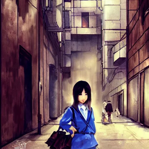 Image similar to a perfect, realistic professional acryl painting of a Japanese schoolgirl posing in a dystopian alleyway, style of Marvel, full length, by a professional American senior artist on ArtStation, a high-quality hollywood-style concept