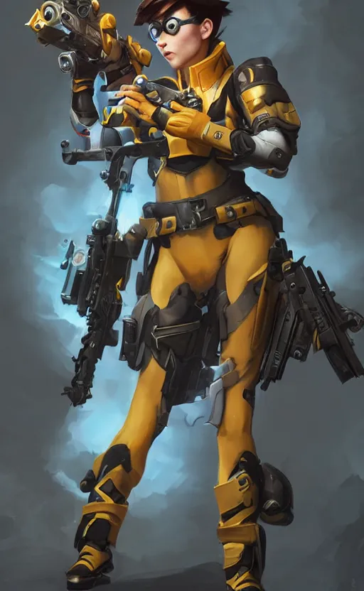 Image similar to Tracer from Overwatch as a Warhammer 40k imperial guardsman, flak armor, lasgun, tight uniform, full body, ultra facial detail, Tooth Wu Artgerm Greg Rutkowski artstation deviantart, 8k, fanart, extreme aesthetic