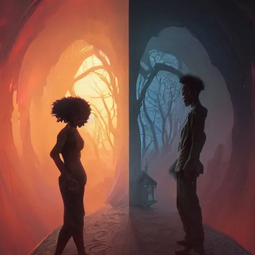 Prompt: symmetry!! highly detailed portrait of a black couple entering a hellscape, by stephen bliss, unreal engine, fantasy art by greg rutkowski, loish, rhads, ferdinand knab, makoto shinkai and lois van baarle, ilya kuvshinov, rossdraws, tom bagshaw, global illumination, radiant light, detailed and intricate environment