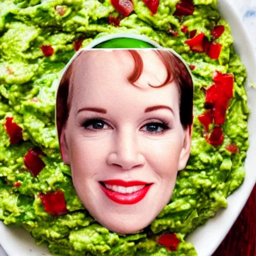 Image similar to molly ringwald face on a pile of guacamole