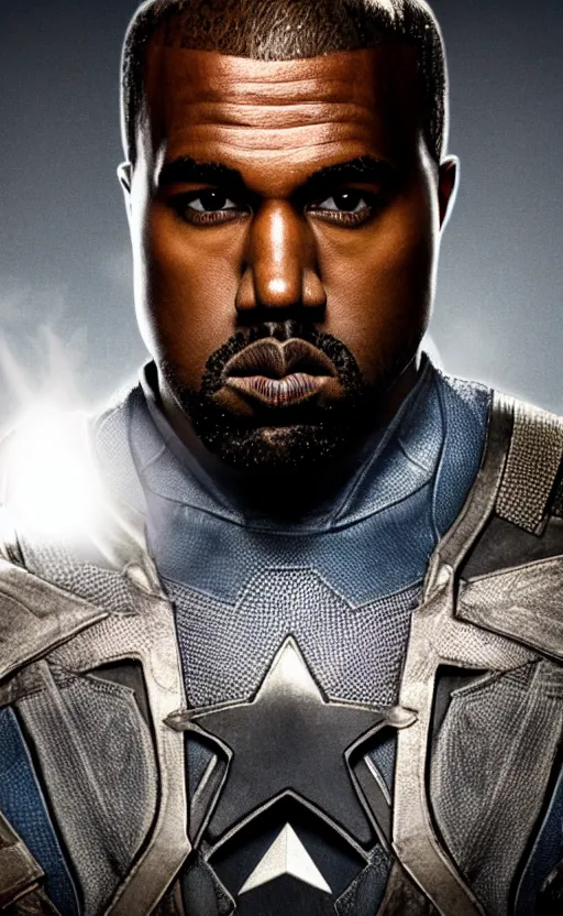 Prompt: Portrait of Kanye West as Captain America in Skyrim, splash art, movie still, cinematic lighting, dramatic, octane render, long lens, shallow depth of field, bokeh, anamorphic lens flare, 8k, hyper detailed, 35mm film grain
