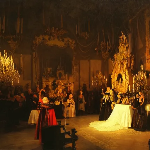 Image similar to baroque vampire ceremony, in the style of Ilya Repin, volumetric light, dramatic lighting, smoky