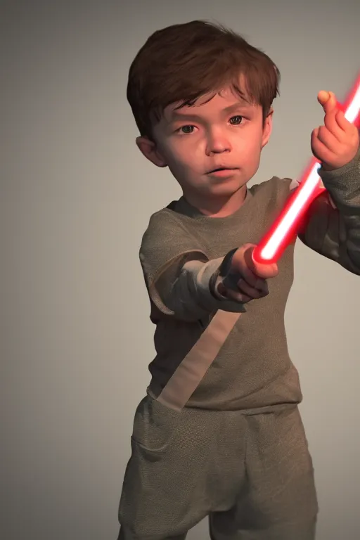 Prompt: 3 d rendering of a little boy holding a light saber, in the style of star wars, artstation, volumetric lighting, behance hd, octane 3 d, 8 k, smooth