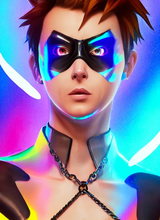 Image similar to portrait bust digital artwork of tracer overwatch, wearing iridescent rainbow latex and leather straps catsuit outfit, neon makeup, in style of mark arian, angel wings, wearing detailed leather collar, chains, black leather harness, detailed face and eyes,