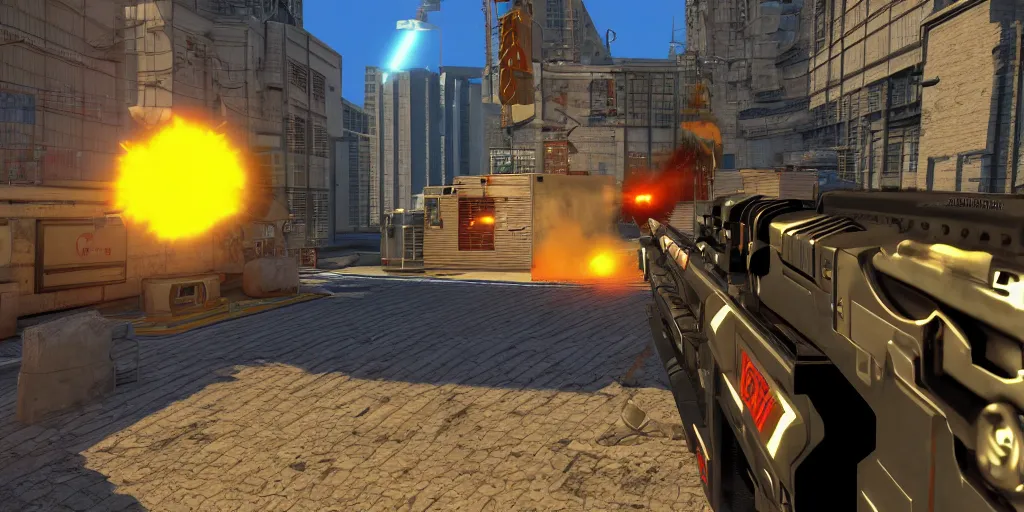 Image similar to screenshot of duke nukem 3 d, dos, videogame, neon glow, lens flare, 8 k