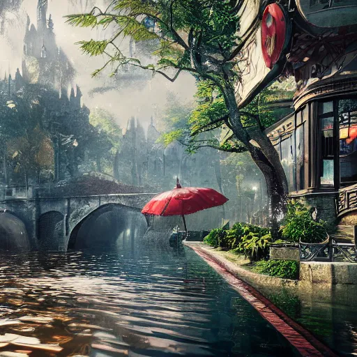 Prompt: wonderland, cinematic, wet reflections, unreal engine 5, octane, smooth, ray tracing, hyper detailed, hyper realism, fantasy, trending on artstation, behance, deviantart