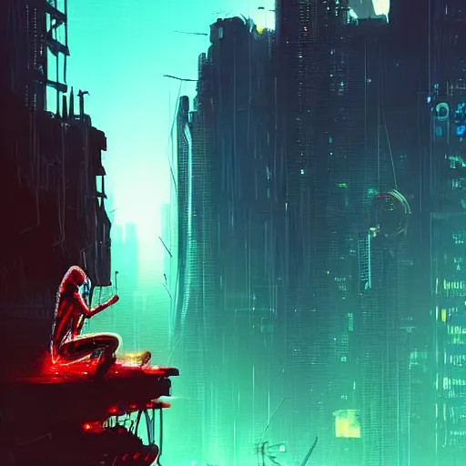 Image similar to a cyberpunk zulu warrior sitting on a cliff watching an enormous city burn!!! from a distance at night, fire!!, by alena aenami and android jones and greg rutkowski, Trending on artstation, hyperrealism, elegant, stylized, highly detailed digital art, 8k resolution, hd, global illumination, radiant light, detailed and intricate cyberpunk ghetto environment, rendered in octane, post processed, wide angle, dynamic portrait