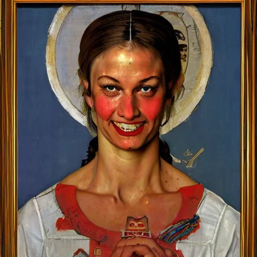 Image similar to Frontal painting of the face of a muscular and happy priestess. A painting by Norman Rockwell.