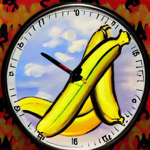 Prompt: oil painting impressionist stopwatch and banana flying through the air, ( bugs buzzing around ), whimsical, detailed,