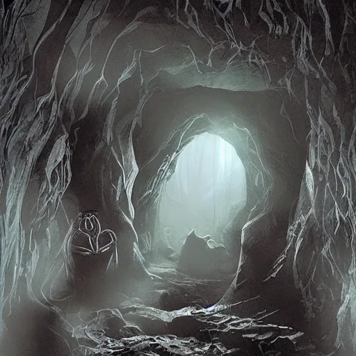 Prompt: a deep cave with a spider waiting in the shadows. fantasy. atmospheric. scaring. very detailed.