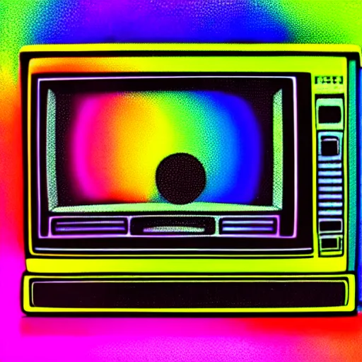 Prompt: Retro VHS grainy 80s film aesthetic, CRT old TV with an explosion of psychedelic rainbow paint 🎨📺, grainy broadcast of rainbow paint explosion