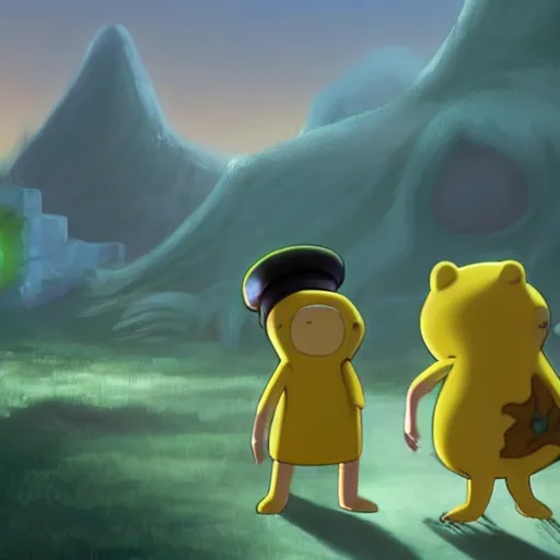 Image similar to finn and jake from adventure time in final fantasy 7, highly detailed painting, unreal engine