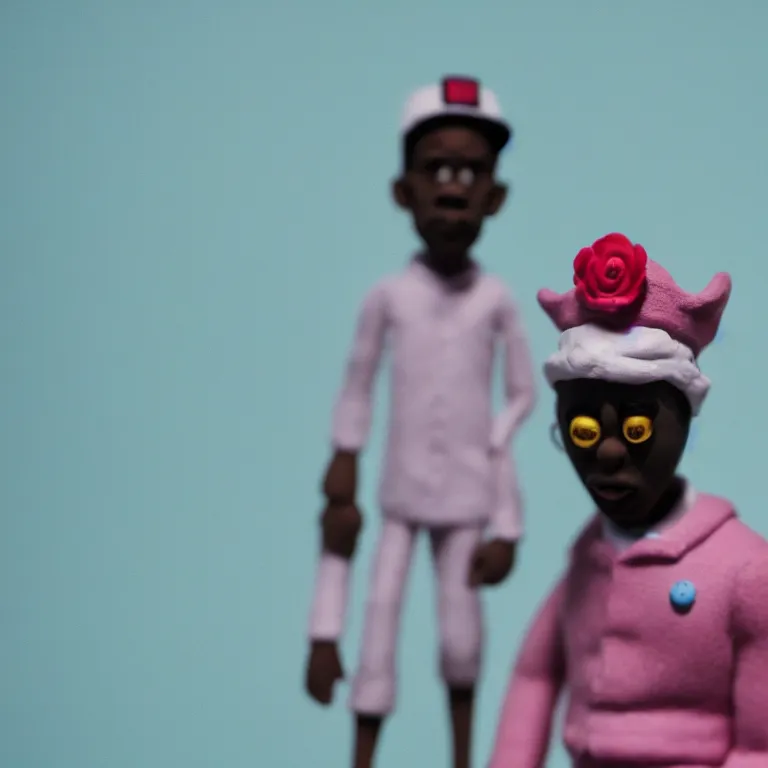 Prompt: a cinematic film still of a claymation stop motion film starring tyler the creator, shallow depth of field, 8 0 mm, f 1. 8