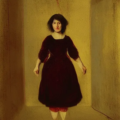 Image similar to an elegant girl in a liminal abandoned room, red and gold, old polaroid by goya, by caravaggio, digital painting, jugendstil, art noveau, strong lights, flat colors, pastel colors,