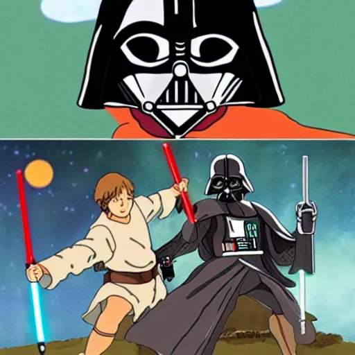 Image similar to Studio Ghibli Luke Skywalker vs Darth Vader lightsaber duel