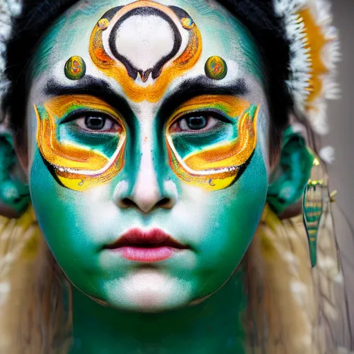 Prompt: minimalist photography portrait of an elaborately adorned female shaman warrior, face paint, symmetrical, super close up, mid thirties, cute round green slanted eyes, porcelain skin, wide nostrils, chubby cheeks, high flat eyebrows, ethereal essence, angelic, leica 1 0 0 mm f 0. 8