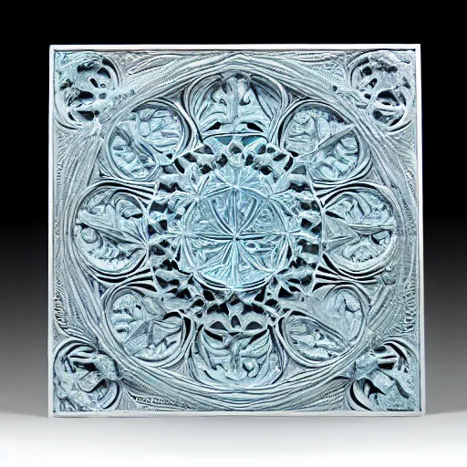 Image similar to fractals, maze, thin lines, ernst haeckel, carved soapstone relief paneling white and pale blue