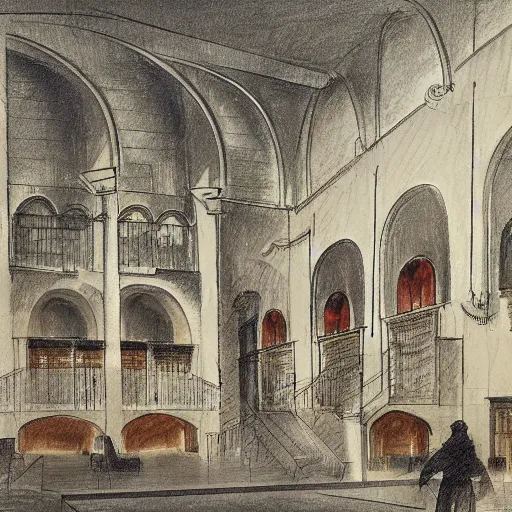 Image similar to a sketch of an opera scenography of and old museum by frazzeta.